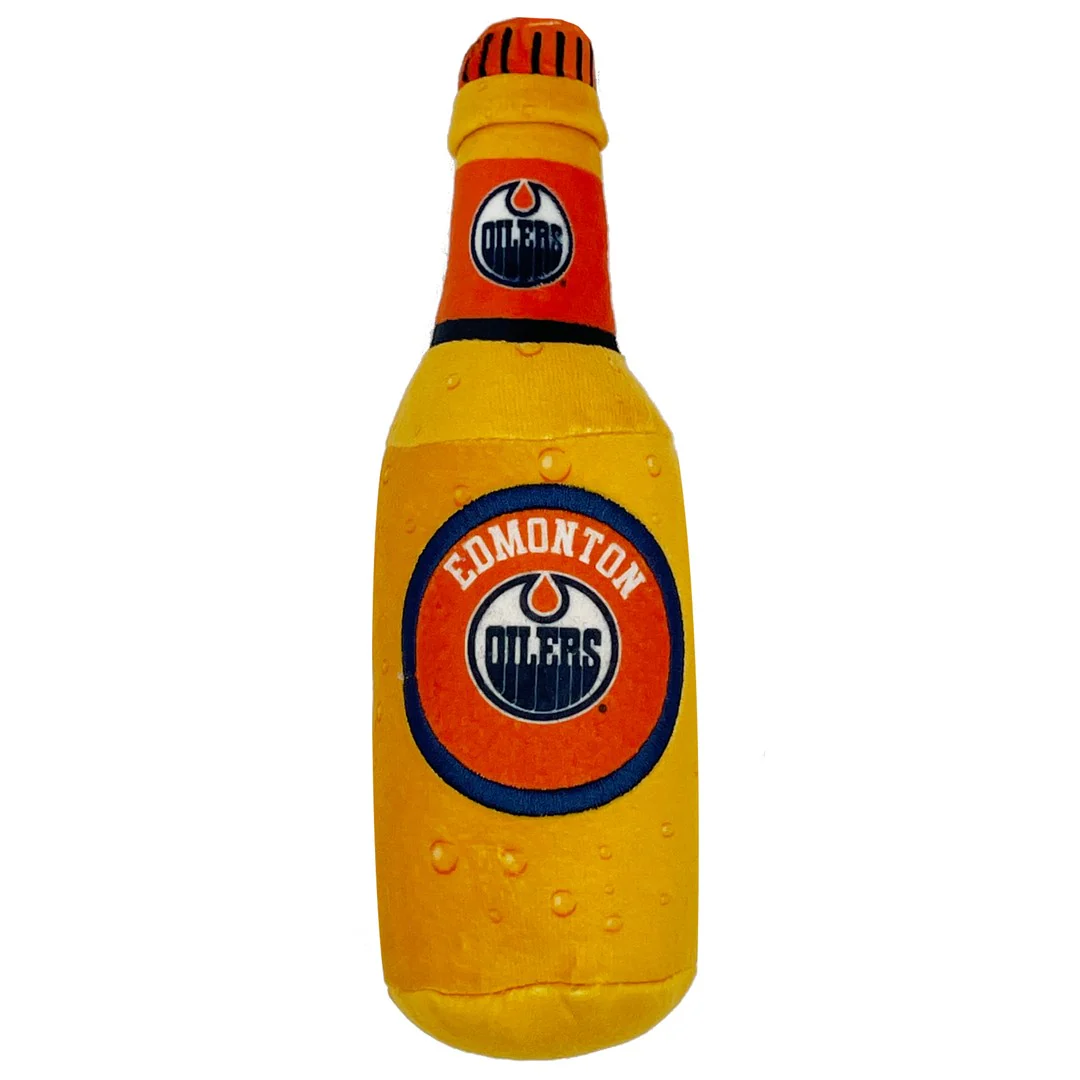Pets First NHL Edmonton Oilers Pet Arena Snax Beer Bottle Toy